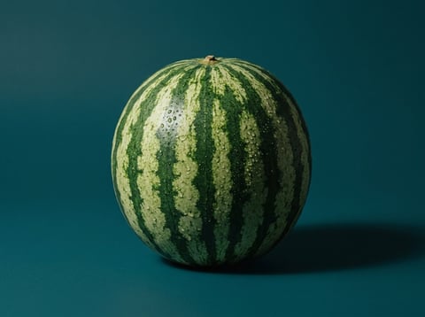 Whole watermelon with dark green striped pattern on pale green background against teal surface