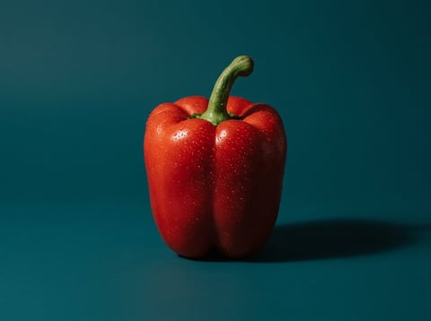 Shiny red bell pepper with green stem on teal background