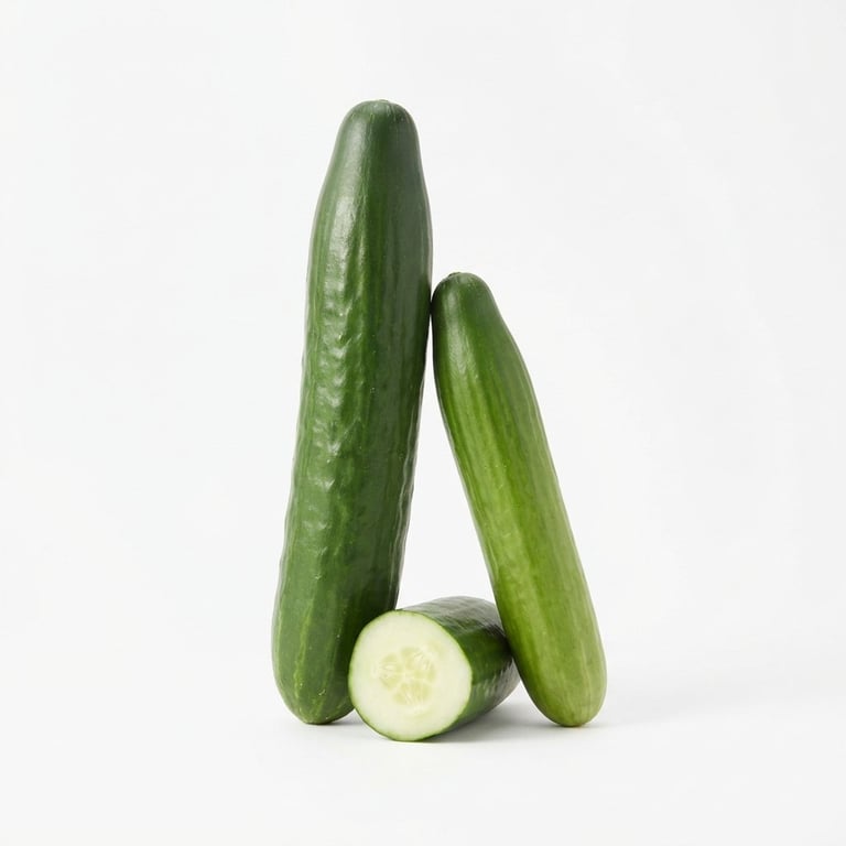 Two whole cucumbers and one sliced cucumber half displaying white flesh on white background